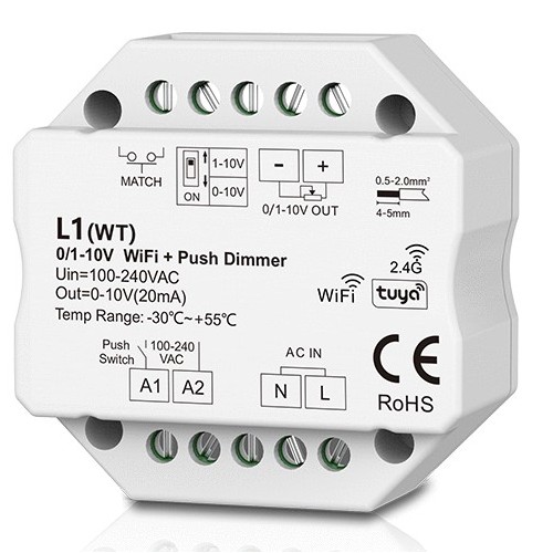 LEDlife rWave 1-10V Wifi inbyggningsdimmer - Tuya/Smart Life, RF, push-dim, LED dimmer, till inbyggning