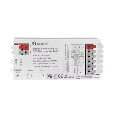 Gledopto Pro 2in1 Zigbee strip-kontroller - Hue-kompatibel, 12V/24V, 12V (144W) 24V (288W), enfärgad + CCT