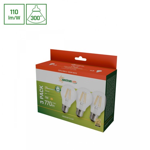 LED 7W E27 - 230V, Koltråd, Varm Vit, Klar, Spectrum, 3-pack