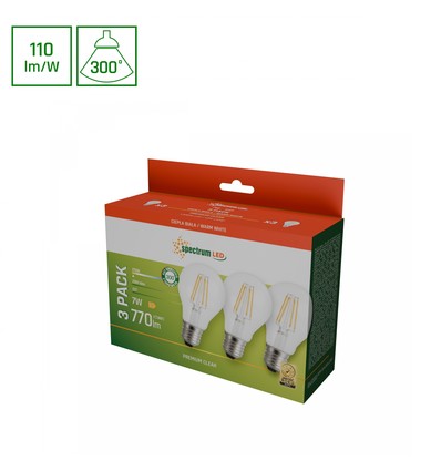 LED 7W E27 - 230V, Koltråd, Varm Vit, Klar, Spectrum, 3-pack