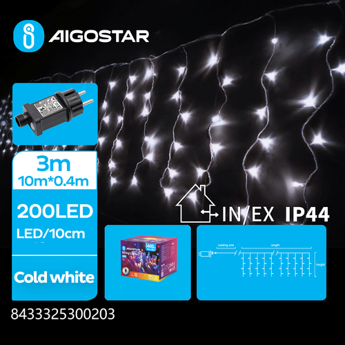 3m LED kallvit istapp ljusslinga - 200 LED, 50 rader, timer, 8 ljusspel, IP44, transparent kabel