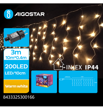 10m LED varm vit ljusslinga - 200 LED, 10x0,4m, 50 rader, 8 ljusspel, IP44, transparent kabel