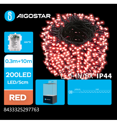 10m batteri röd LED ljusslinga - 200 LED, 8 ljusspel, IP44, grön/svart kabel