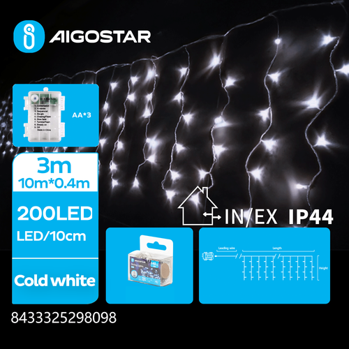 3AA Batteri Istapp Platt Ljusslinga Kall Vit - 200 LED, 50 rader, Transparent Kabel, 8 Blinkfunktioner, Timer, IP44, 3M+4M