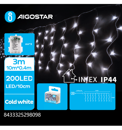 3AA Batteri Istapp Platt Ljusslinga Kall Vit - 200 LED, 50 rader, Transparent Kabel, 8 Blinkfunktioner, Timer, IP44, 3M+4M