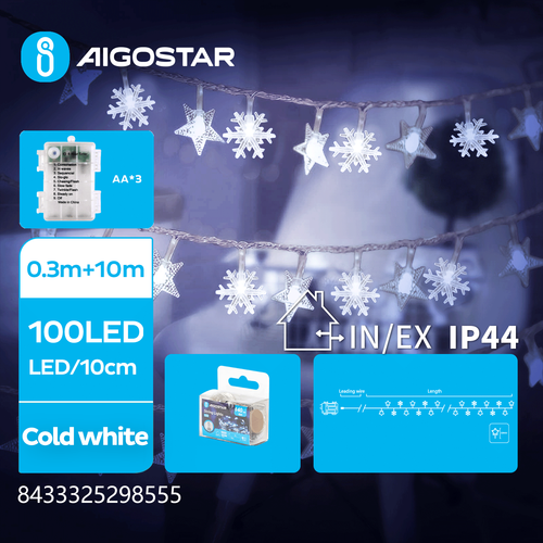 10m kallvit batteridriven stjärna & snöflinga ljusslinga - 100 LED, 8 ljuslägen, IP44, transparent kabel