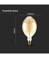 Outlet: V-Tac 8W LED jätte globlampa - Filament, Ø18 cm, dimbar, extra varmvitt, 2000K, E27